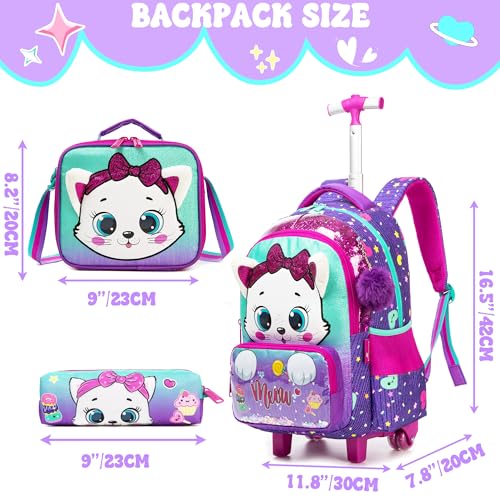 Meetbelify Rolling Backpack with Wheels for Girls Kids Cute Cat Rolling Backpack with Lunch Bag and Pencil Case Set Kids Travel Luggage for Elementary Girls Ages 5-12 - color: 01 Purple Cat