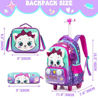 Meetbelify Rolling Backpack with Wheels for Girls Kids Cute Cat Rolling Backpack with Lunch Bag and Pencil Case Set Kids Travel Luggage for Elementary Girls Ages 5-12 - color: 01 Purple Cat