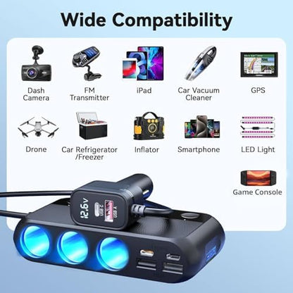 158W Cigarette Lighter Splitter 9 in 1 Car Cigarette Lighter with 3 Socket Multi Port Dual PD30W and 3 USB-A QC3.0, Cigarette Lighter Adapter for Car Truck, Ipad, Phone