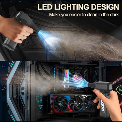 Compressed Air Duster, 180000RPM Powerful Cordless Electric Air Duster with Brushless Motor and LED Light, Rechargeable Stepless Speed Regulation Dust Blower for PC, Keyboard, House, Car and Outdoor