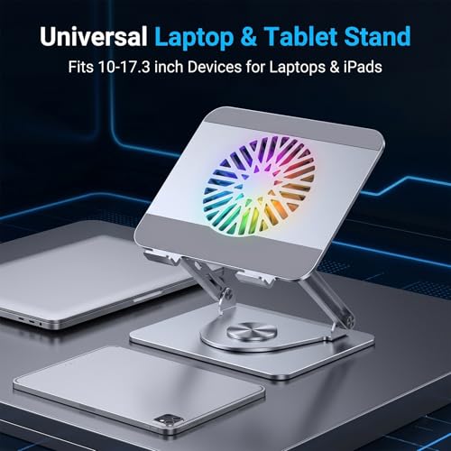 RGB Cooling Laptop Stand with 360° Rotating Base, Adjustable Foldable Laptop Riser, Ultra Quiet Fan for Heat Dissipation, Ergonomic Height Angle Laptop Stand Fit 10-17.3" Laptops/Tablets (Silver)