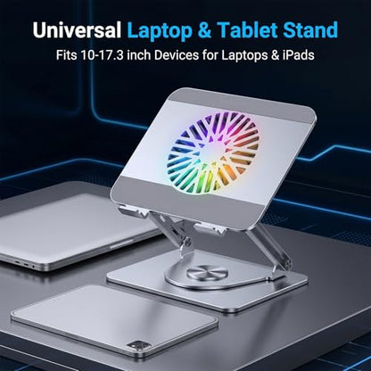 RGB Cooling Laptop Stand with 360° Rotating Base, Adjustable Foldable Laptop Riser, Ultra Quiet Fan for Heat Dissipation, Ergonomic Height Angle Laptop Stand Fit 10-17.3" Laptops/Tablets (Silver)