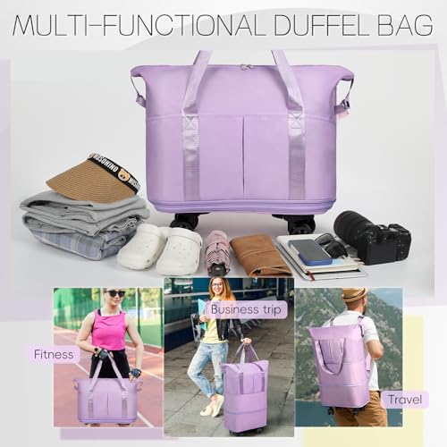 VOOWO Duffel Bag with Wheels - Rolling Foldable Expandable Duffle Bag with Wheels for Travel, Rolling Luggage Bag Carry On Travel Bag with Wheels, Large Wheeled Overnight Weekender Bag (Light Purple) - color: Light Purple