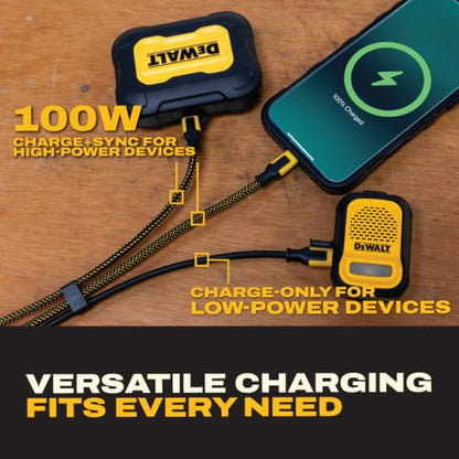 DEWALT 100W Smart USB-C to USB-C Splitter – Data Transfer & Fast Charging | 1-to-3 Output, Kevlar Reinforced, 6ft Heavy-Duty for Laptop, MacBook, iPad, Android, Samsung, iPhone, Works w/Carplay