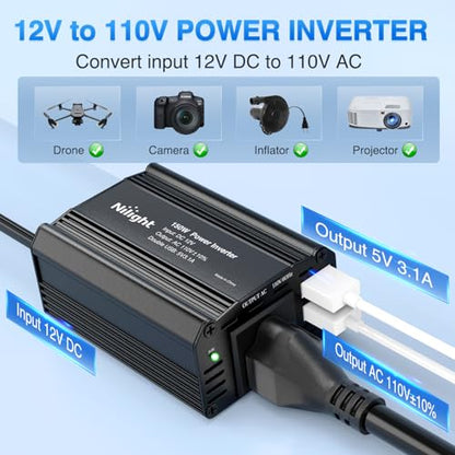 Nilight 150W Power Inverter with 3.1A Dual USB Ports and 1 AC Outlets | 12V DC to 110V AC Car Charger Converter for Phones Tablets Laptop Computer Game Console Kindle iPad DVD Players Black - color: 150W USB*2 110V Outlet