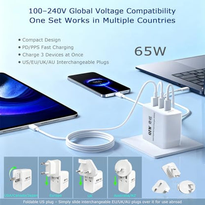 65W GaN PD/PPS USB-C Travel Wall Charger, Interchangeable US/EU/UK/AU Detachable Plugs, 3.9ft USB-C Charging Cable, Universal Fast Travel Adapter Compatible with MacBook, iPhone, Laptops & Tablets