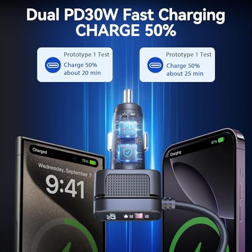 158W Cigarette Lighter Splitter 9 in 1 Car Cigarette Lighter with 3 Socket Multi Port Dual PD30W and 3 USB-A QC3.0, Cigarette Lighter Adapter for Car Truck, Ipad, Phone