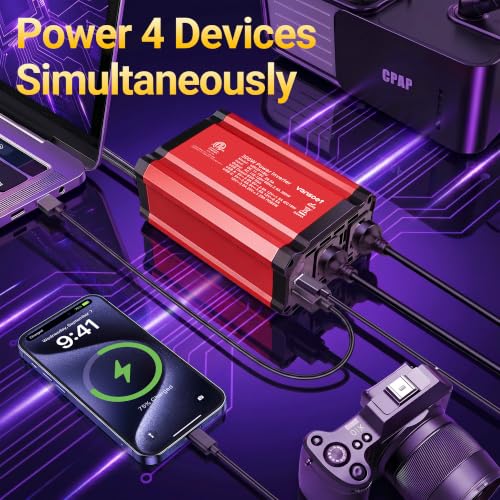 【2026 Upgraded】 300W Car Power Inverter - vansoet DC 12V to 110V AC(2 Outlets) Power Inverters with PD65W & QC18W Fast Charging Port - Car Charger Cigarette Lighter Adapter for Laptop/Phone/Road Trip - color: Red-65
