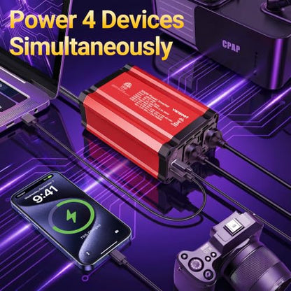 【2026 Upgraded】 300W Car Power Inverter - vansoet DC 12V to 110V AC(2 Outlets) Power Inverters with PD65W & QC18W Fast Charging Port - Car Charger Cigarette Lighter Adapter for Laptop/Phone/Road Trip - color: Red-65