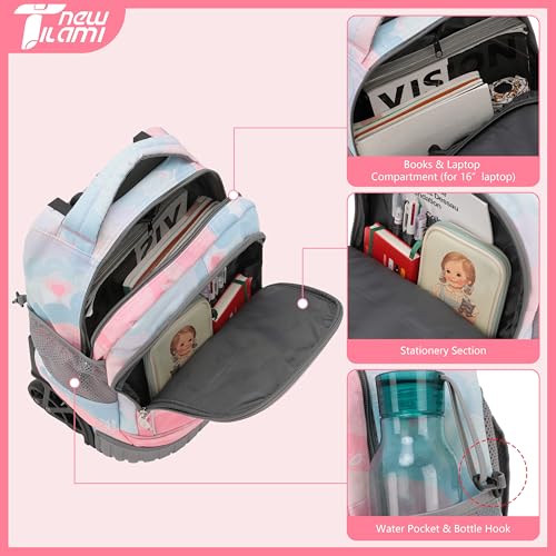 NEW TILAMI 16 Inch Rolling Backpack with Lunch Bag for Girls Boys School | 6-Wheel Stair-Climbing Girls Boys Carry-on Suitcase Water-Resistant Adjustable Trolley Handle Wheels School Travel Camping - color: Pastel Pink - Blue