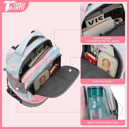 NEW TILAMI 16 Inch Rolling Backpack with Lunch Bag for Girls Boys School | 6-Wheel Stair-Climbing Girls Boys Carry-on Suitcase Water-Resistant Adjustable Trolley Handle Wheels School Travel Camping - color: Pastel Pink - Blue