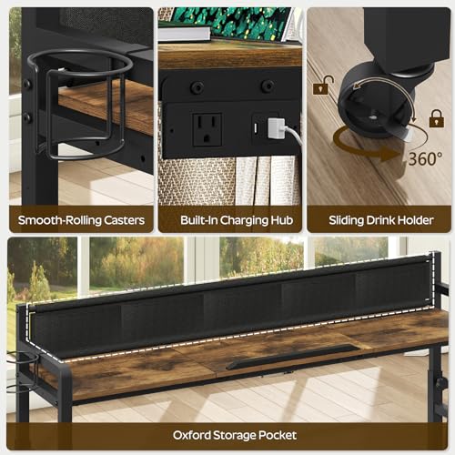 Overbed Table with Wheels, Height Adjustable, Recliner Table with Charging Station and Laptop Stand, Rolling Table with Storage and Cup Holder, Side Table for Living Room, Bed Room, Rustic Brown