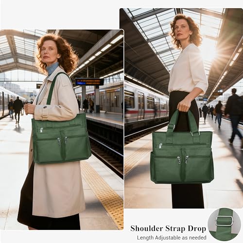VOLGANIK ROCK Canvas Tote Bag Waterproof Nylon Multi Pocket Shoulder Bags Laptop Work Bag Teacher Purse Handbag for Women Men - color: Army Green