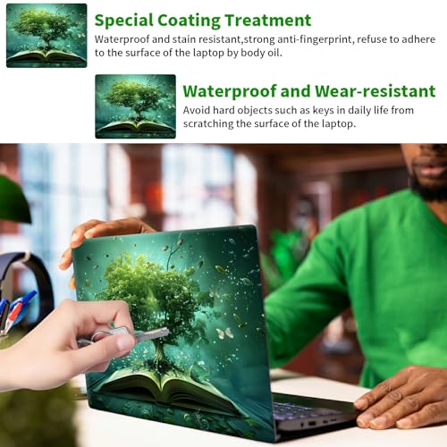 Laptop Skin Sticker Decal, Universal Protective Cover Fit 12 13 14 15.6 Inch Notebook, Reusable Water-Resistant Vinyl Decal w/ 2 Wrist Pads for Business Travel Office, Green Book Tree - color: Green Book Tree