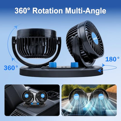 XOOL Car Fan – Car Cooling Fan with 2 USB Charging Ports, Quiet Strong Airflow, Cigarette Lighter Plug, Fan for Car, Vehicles, RVs, and SUVs - size: Cigarette Dual Fan - Front (Dual USB Ports)