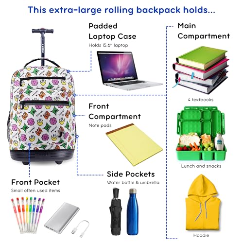 J World Sundance Laptop Rolling Backpack for Girls Boys. Roller Bookbag with Wheels, 20 Inch, Proud - color: Proud