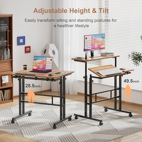 VECELO Mobile Small Standing Desk Adjustable Height, Computer Workstations with Tiltable Tabletop, Lockable Wheels, Portable Rolling Laptop Desk for Home Office, Brown - color: Brown