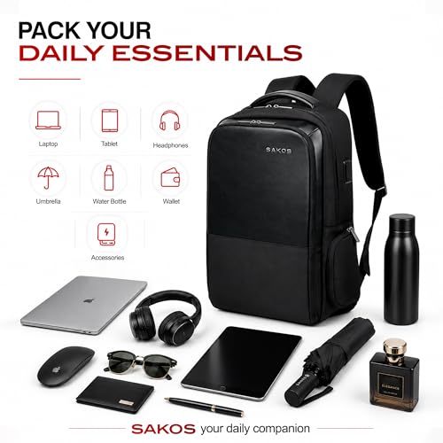 SAKOS Business Backpack for Men & Women, Smart Professional Backpack with USB Charging Port, 15.6 inch Waterproof Laptop Backpack with Microfiber Leather Accents