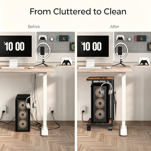 PC Stand with Charging Station, Height Adjustable Computer Tower Stand, 19.7"-31.5" H, Computer Cart with Wheels and Hooks, CPU Holder for Floor, Carpet and Under Desk, Rustic Brown - color: Rustic Brown