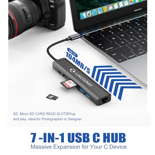 7-in-1 USB C Hub Docking Station with 4K HDMI Port & Ethernet | 4K HDMI 1G Gigabit Ethernet 100W PD Charging 2 USB 3.0 Ports SD/TF Card Reader, for MacBook/Dell/HP/Surface/Lenovo/Steam Deck - color: Dark gray