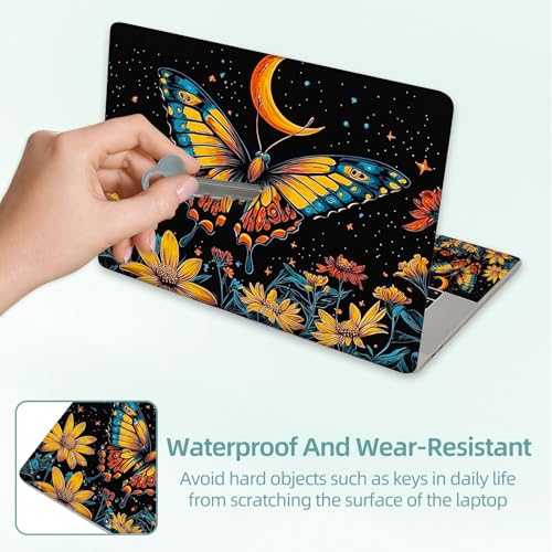 Universal Laptop Skin Decal, 3-Piece Vinyl Protector for 12 13 14 15.6" Notebook, Waterproof Anti-Scratch, Easy Trim & Bubble-Free Finish, Moonlit Butterfly Amongst Flowers - color: Moonlit Butterfly Amongst Flowers