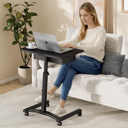 Rolling Adjustable Height Standing Desk With Drawers, Small Mobile Laptop Desk Cart On Wheels For Small Spaces Home Office, Portable Sitting Laptop Table For Bed Couch Load Up To 60LBS, Sturdy, Black - color: Black
