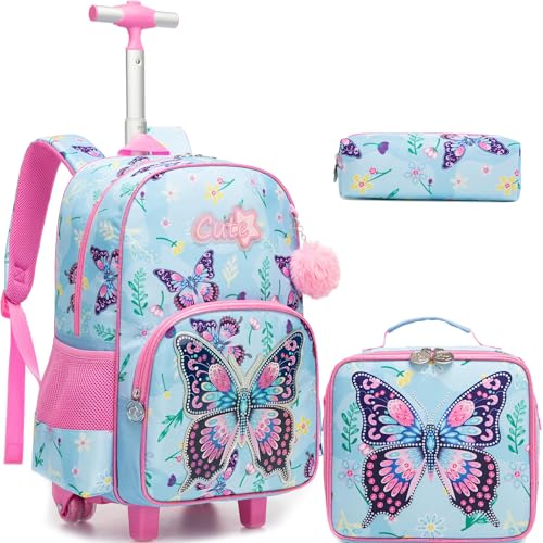 Meetbelify Kids Rolling Backpack with Wheels for Girls Cute Butterfly School Roller Backpack,Carry on Travel Luggage with Lunch Bag and Pencil Case for Girls Ages 5-12 - color: 01 Pink Butterfly