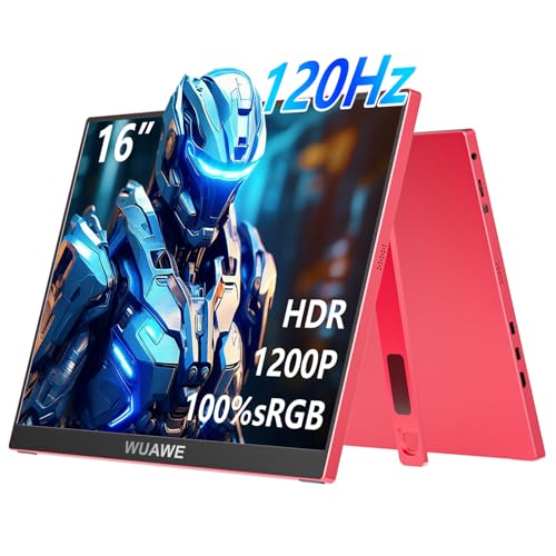 WUAWE 16 inch Portable Laptop Monitor, 100% sRGB Portable Gaming Monitor with Built-in Stand, HDR and Freensync, External USB C Monitor for Laptop, PC, Phone, Switch and PS5(Red) - color: W1-Matte Red