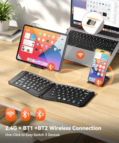 Omikamo Ergonomic Foldable Bluetooth Keyboard, 3-Device Dual-Mode | 2.4G+BTx2 Ultra Slim Portable Wireless Folding Travel Keyboard for Windows, iOS, Android, Mac, Leg Use