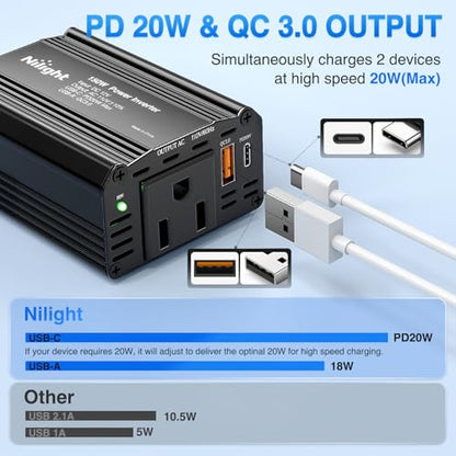 Nilight 150W Power Inverter with PD 30W USB C & QC3.0 12V DC to 110V AC | Car Converter for Phones Tablets Laptop Computer Game Console Kindle iPad DVD Players Black - color: 150W USB+PD 110V Outlet