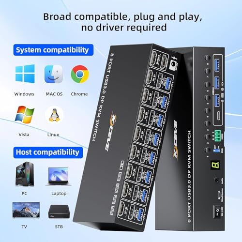 8 Port HDMI Displayport KVM Switch 2 Monitors 8 Computers 4K@60Hz EDID Simulation,8 PC Dual Monitor KVM Switch with 4 USB 3.0 Ports,Audio,RS232,with Wired Remote,12V Power Adapter and 8 USB Cable - size: 20 cm
