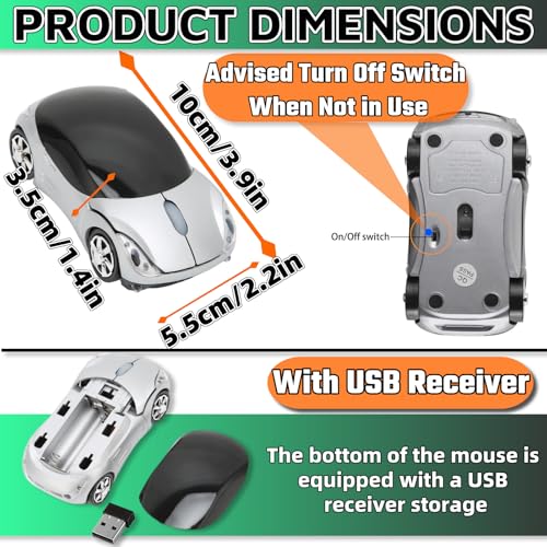 HuGuWdy Silver Car Mouse，2.4G with USB Reciver 1600DPI Computer Mice Wireless for Computer Wireless Computer Mouse for Laptop Tablet for Windows Mac OS（Silver） - color: Silver