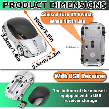 HuGuWdy Silver Car Mouse，2.4G with USB Reciver 1600DPI Computer Mice Wireless for Computer Wireless Computer Mouse for Laptop Tablet for Windows Mac OS（Silver） - color: Silver