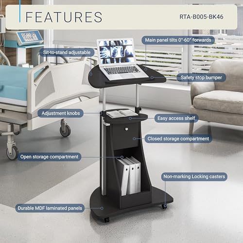 Techni Mobili Adjustable Height Rolling Laptop Cart with Storage, Black | Adjustable height rolling laptop cart with storage, open shelf, wheels, sit‑to‑stand ideal for podium office medical use - color: Black