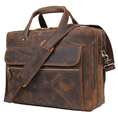 Leather Briefcase for Men, 15.6 Inch Laptop Business Travel Bag | 100% Full Grain Leather | YKK Zipper | Fits 15.6" Laptop | 8 Card Slots + 3 Pen Sleeves | Detachable Strap & Trolley Sleeve - color: Brown