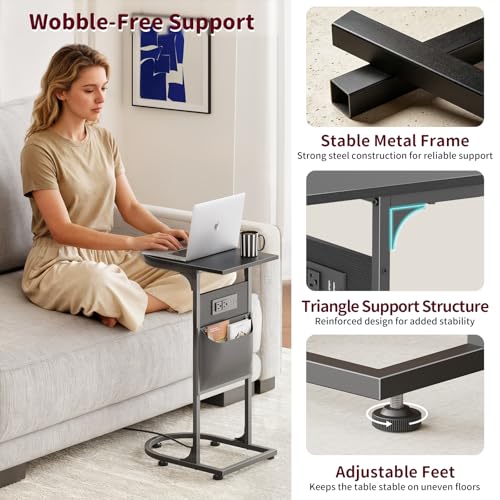 C Shaped End Table with Charging Station, Small Side Table for Couch, C Table Slides Under Sofa with Storage Bag, TV Tray Table for Recliner, Living Room, Bedside, Bedroom, Small Spaces, Black - color: Charging Station Black