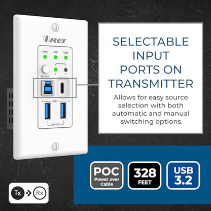 OREI USB Ethernet Extender RS-232 API Control Two-Way PoC GPIO USB 3.2 Gen1 - size: Dual Wall Plate