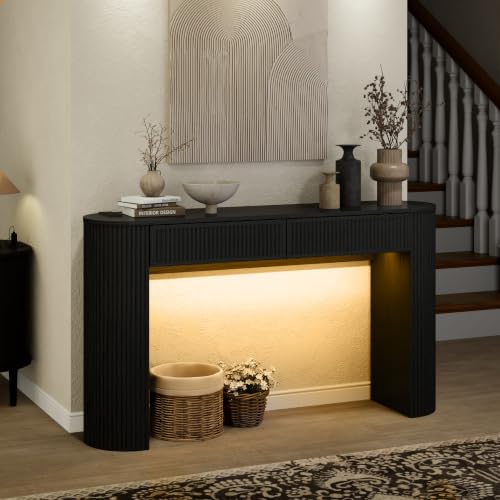 55" Fluted Console Table with 2 Drawers & LED Lights,Entryway Tables with Charging Station,Narrow Sofa Table Behind Couch,Mid-Century Modern Foyer Table for Entryway, Hallway, Living Room(Black) - color: Black