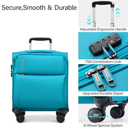 Hanke Underseat Carry On Luggage with Wheels, Small Suitcase, Rolling Bag | 360° Silent Spinner Wheels, TSA Lock, 16 Inch, 30L Personal Item, Softside, Lightweight, Trolley Sleeve, Caribbean Blue - color: Caribbean Blue, size: 16 Inch Underseat