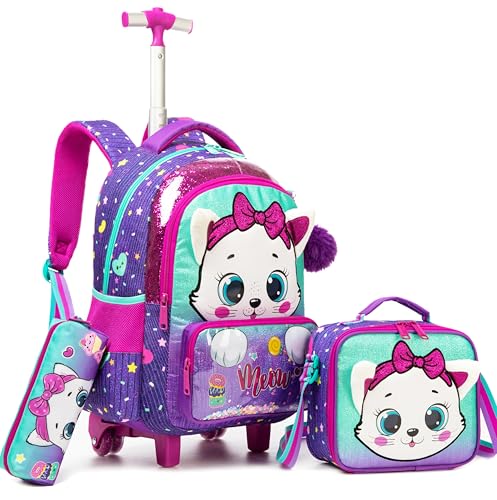 Meetbelify Rolling Backpack with Wheels for Girls Kids Cute Cat Rolling Backpack with Lunch Bag and Pencil Case Set Kids Travel Luggage for Elementary Girls Ages 5-12 - color: 01 Purple Cat