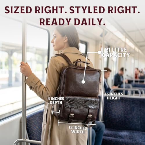 15.6" Luxury Burgundy Leather Laptop Backpack for Men & Women. Leather Bag for Professional Use in Office & Business - color: Burgundy