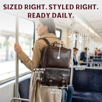 15.6" Luxury Burgundy Leather Laptop Backpack for Men & Women. Leather Bag for Professional Use in Office & Business - color: Burgundy