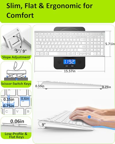 FENIFOX Wireless Silent Keyboard, Ultra Quiet USB C Low Profile Compact Full Size with Number Pad Flat Slim Thin Soft Touch for Mac Computer MacBook iMac PC Laptop Desktop Office (White and Silver) - color: White and Silver