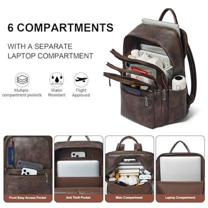 Leather 17 inch Laptop Backpack for Women, Large Travel Backpack Purse for Casual Daypack College Work Bag - color: Coffee