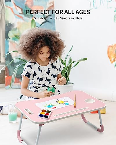 FISYOD Foldable Laptop Table, Portable Lap Desk Bed Table Tray, Laptop Stand with Cup Holder & Tablet Slot & Lifting Handle for Working Writing Drawing & Eating (Pink) - color: Pink