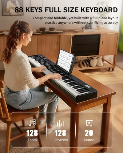 AiJoy 88-Key Portable Piano Keyboard with Semi-Weighted Keys Folding Piano | Built-in Speakers/MIDI, Long Battery Life Electric Keyboard Piano for Beginners - color: Black