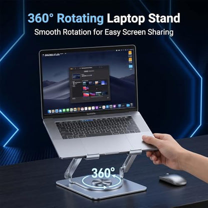 RGB Cooling Laptop Stand with 360° Rotating Base, Adjustable Foldable Laptop Riser, Ultra Quiet Fan for Heat Dissipation, Ergonomic Height Angle Laptop Stand Fit 10-17.3" Laptops/Tablets (Silver)