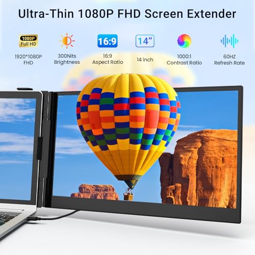 Laptop Screen Extender, 14" FHD 1080P Laptop Monitor Extender, Ultra-Thin Portable Monitor for Laptop with USB-C/HDMI Port, Plug & Play for Windows/Mac/Android/Switch/PS5/Chrome - size: 14"