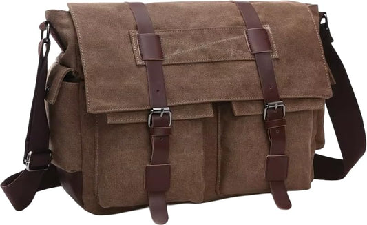 Canvas Leather Messenger Bag for Men and Women, Vintage Crossbody Shoulder Bag, Fits up to 17.3 In Laptop - color: Brown
