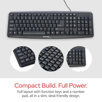 Verbatim Slimline Wired Keyboard USB Plug-and-Play Numeric Keypad Adjustable Tilt Legs Corded Full-Size Computer Keyboard Compatible with PC, Laptop - Frustration Free Packaging Black 99201 - style: Wired Keyboard